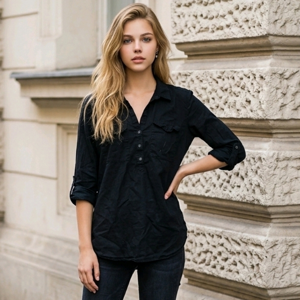 Old Navy Linen Cotton Popover Shirt Black Henley Style Collared Roll Tab Top L